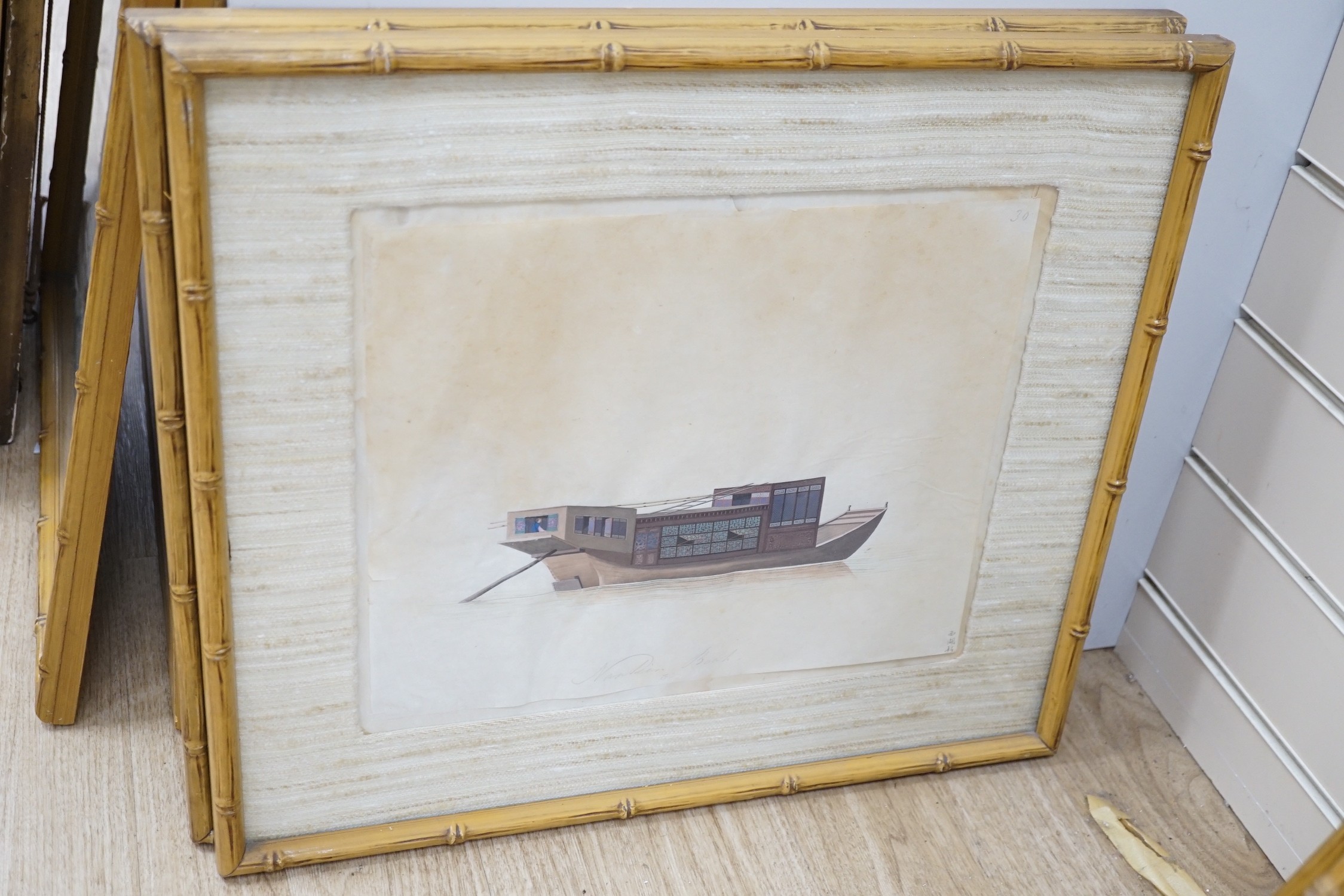 19th century Chinese School, nine gouaches on pith paper, Studies of water-going vessels, inscribed in Chinese and titled in English, giving the names and uses of the various vessels, 29 x 34cm